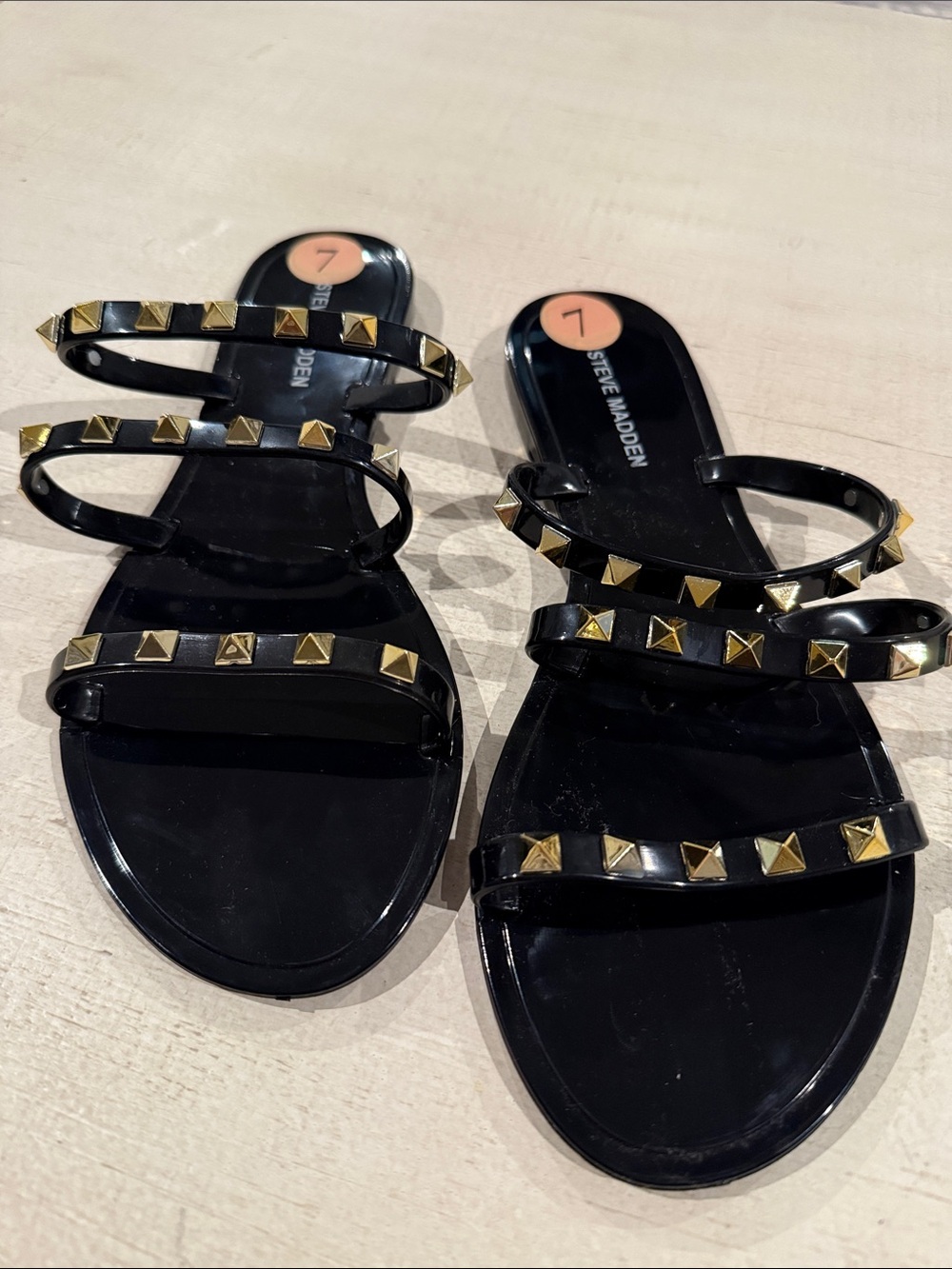 Steve Madden Black Strappy Slides with Gold Studs